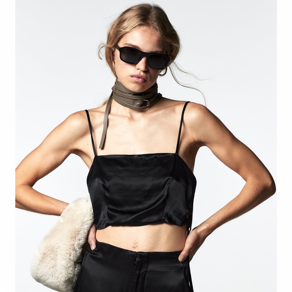 Zara satin effect top with bow, XS, black